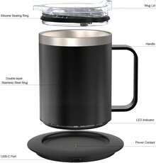 Calentador de taza de café con taza y tapa, capa de temperatura constante inteligente de calor automático, grado alimenticio, aislamiento térmico de acero inoxidable 304, para escritorio, hogar y - 1 - Ver 2