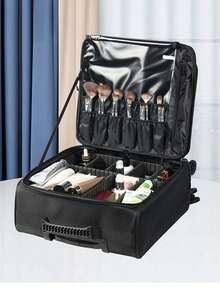 黑色帆布折叠拉杆化妆箱 - 带轮旅行化妆手推车，便携式化妆品收纳箱