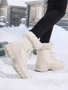 女士雪地靴，女士冬季靴：米色人造毛皮内衬中筒靴，纯色圆头款式，采用合成鞋面、超柔软纤维内衬和耐用织物鞋垫，专为女性设计，适合户外活动、日常休闲穿着和寒冷天气，保暖内衬，加厚TPR外底，毛皮饰边，舒适耐穿，户外鞋，时尚冬季鞋履，也是送给女性的贴心礼物。 - 杏色 - 查看 5