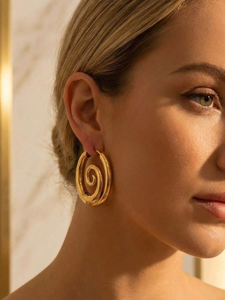 1pair 18K Gold Plated Chunky Spiral Hoop Earrings For Women, Vintage Abstract Swirl Huggie Earrings, Hypoallergenic Thick Twisted Statement Jewelry Gift - Multicolor - View 1