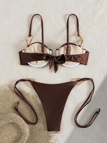 Sultry Sol Women's Vacation Style Steel Tote Bikini Two Pieces Set, With Shoulder Straps And Metal Waist Accessories, Suitable For Summer Island Vacations - Dark Brown - View 3