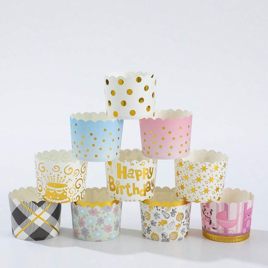 LIFETALK 50 piezas Moldes para magdalenas/cupcakes de tamaño mediano con resistencia al calor y diseño de lámina de oro, forros para hornear magdalenas/cupcakes con patrón de lámina de oro - Multicolor - Ver 1