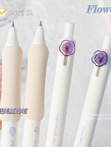 4/5支装透明彩色花朵系列中性笔，高品质花朵按压式笔，适合学生使用，速干0.5mm黑色墨水笔，适用于办公和签名 - 黑色 - 查看 4