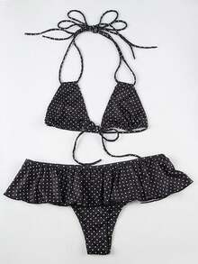 Women Polka Dot Bikini Set Halter Triangle Top With Ruffle Skirt Bottom Two Piece Swimsuit For Summer Beach - Black - View 7