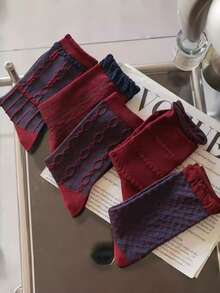 5 Pairs Angora Red Cuffed Mid-Calf Women's Socks, Polka Dot Pattern, Versatile Japanese Style, Random Delivery