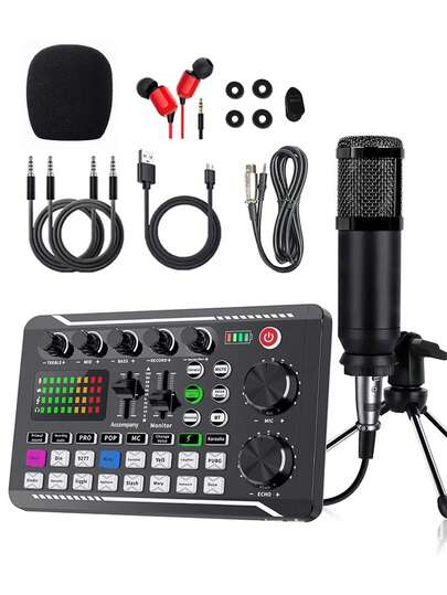 BM800 电容麦克风 + F998 声卡套装，适用于电脑录音、游戏语音聊天、高品质采样、家庭使用，也是生日、圣诞节、感恩节、新年等节日的理想礼物。