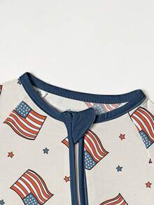 Baby Bamboo Fiber Zip-Up , Flag Print Short Sleeve Romper, Summer Knit Fabric Skinny Fit With Zipper Detail, Boy Baby Girl Clothes, Perfect For Outdoor - Màu xanh lam - Xem 3