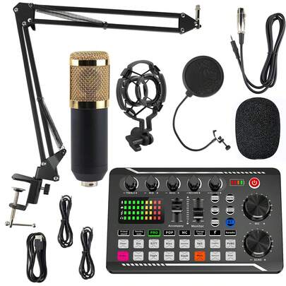 Paquete de micrófono para podcast, paquete de equipos para podcast, micrófono de condensador BM-800 con kit de tarjeta de sonido en vivo, paquete de equipos para podcast con funciones de cambiador de voz y mezclador para grabación y transmisión de estudio en PC, teléfono inteligente, llamadas con amigos, en vivo y canto, toma de video, etc.