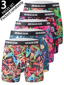 3条装男士时尚涂鸦图案长款平角内裤，透气舒适高弹长款平角内裤，运动短裤，拳击短裤，新奇男士内裤 - 彩色 - 查看 1