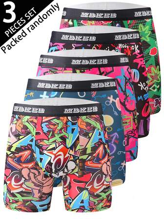 3pcs Men's Fashion Graffiti Pattern Long Boxer Briefs, Breathable Comfortable High Elastic Long Boxer Briefs, Sports Shorts, Boxing Shorts, Men's Creative Underwear