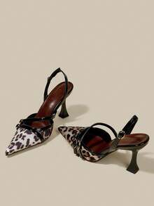 Women's Black Patent Leather Leopard Print Stiletto Heel Pointed Toe Closed Toe High Heels, Elegant Formal Fashion Party Sexy Office Buckle Strap Pumps - Black - View 4