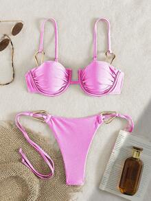 Damski, wakacyjny styl, stalowy zestaw bikini, dwuczęściowy, z ramiączkami i metalowymi dodatkami w talii, odpowiedni na letnie wakacje na wyspie - Różowy - Zobacz 1