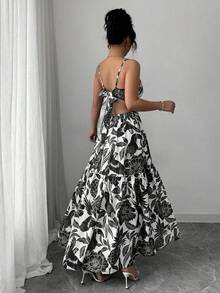 Women's Printed Midi Dress With Shaping Waist, Versatile For Vacation, Work, And Everyday Wear - màu đen - Xem 2