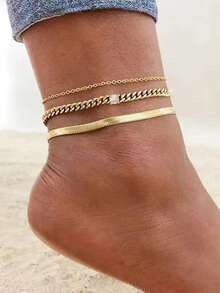 Nooxian 3pcs/Set Fashion Minimalist Casual Vacation Style Gold Textured Flat Cross Chain & Stainless Steel Blade Chain With Sparkling Cubic Zirconia Layered Anklet Jewelry Gift For Women (No Gift Box) - Yellow Gold - View 6