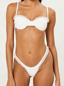 Women 2-Piece Bikini Lace Patchwork Ruffles Bra And Elastic Panties Sets For Summer Beachwear Bathing Suit - trắng - Xem 2
