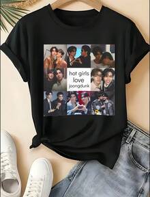Fandom Theme "Hot Girls Love Joongdunk" Collage Print Crew Neck T-Shirt Fan Art Design Short Sleeve Y2k Style Loose Fit Garment Suitable For Spring Machine Washable Casual Wear Fan Gathering Tops Plus Size Clothes - 黑色 - 查看 1