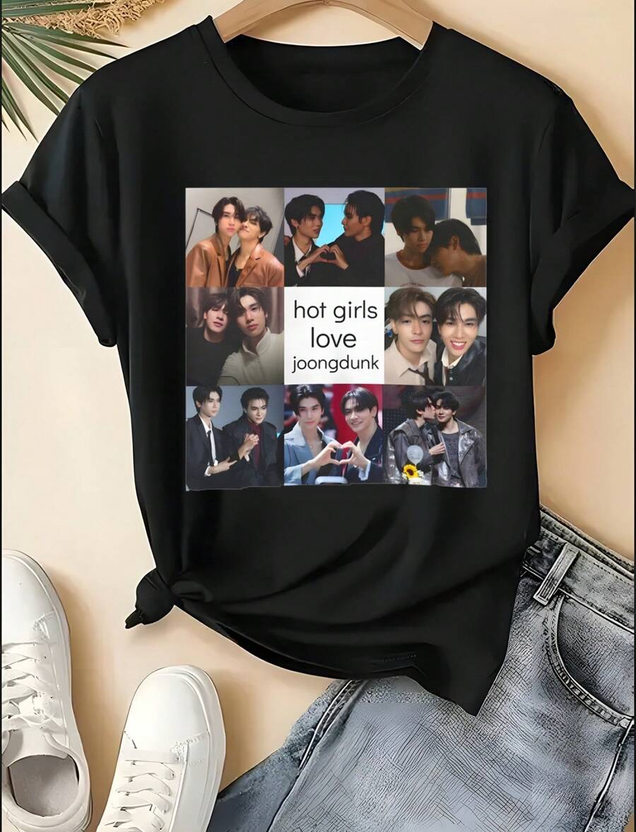 Fandom Theme "Hot Girls Love Joongdunk" Collage Print Crew Neck T-Shirt Fan Art Design Short Sleeve Y2k Style Loose Fit Garment Suitable For Spring Machine Washable Casual Wear Fan Gathering Tops Plus Size Clothes - 黑色 - 查看 1