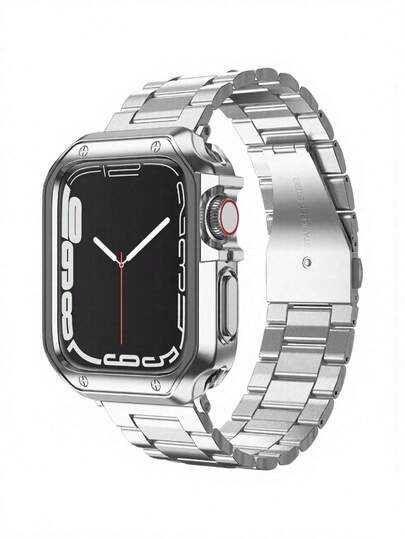 1条男女通用苹果商务时尚不锈钢金属表带+防摔硅胶屏幕保护膜，兼容40mm、41mm、44mm、45mm、49mm苹果手表表壳，兼容 Ultra/SE11/10/9/8/7/6/5/4系列智能手表表带配件，时尚智能手表表带配件，兼容苹果手表表带，手镯式表带配件，适合正式场合和日常佩戴，是送给朋友和家人的绝佳礼物。