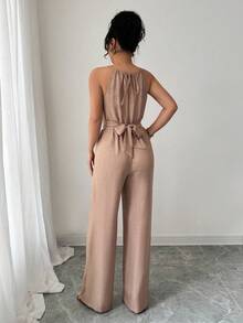 Women's Long Jumpsuit, Spring/Summer, Crinkled Fabric, Tie Waist With Beads And Buttons, Casual Design - Màu Khaki - Xem 2