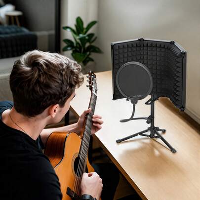  HOMCOM Studio Microphone Isolation Shield With Pop Filter And Tripod Stand, Foldable Adjustable Recording Studio Equipment, 3-Panel High Density Absorbent Foam Shield With 3/8" Threaded Mount, Black