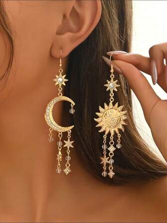 Pendientes de sol y estrella de estilo bohemio vintage de lujo y ligeros, adecuados para el uso diario de las mujeres, excelentes para fiestas y regalos