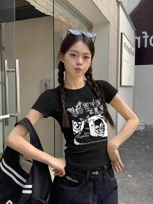 黑色修身圆领短袖T恤，女士夏季款，美式性感时尚百搭复古休闲上衣 - 黑色 - 查看 2