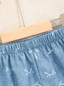 Girls' Spring/Autumn Faux Denim Bow Tie Floral Print Stand Collar Lantern Sleeve Top And Wide Leg Pants 2-Piece Casual Outfit - Blue - View 6