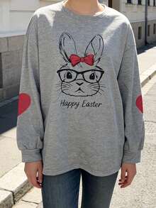 Oversized Graphic Sweatshirts For Women Easter Bunny Print Pullover Loose Fit Long Sleeve Tops For Spring Fall - 灰色 - 查看 5