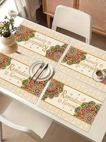 1pc Ramadan Series Printed Table Runner, 4pcs Geometric Pattern Printed Placemats, Suitable For Festivals, Parties, Birthdays, Dinners, Kitchen & Dining Room Table Decor, All Season Home & Living Decor