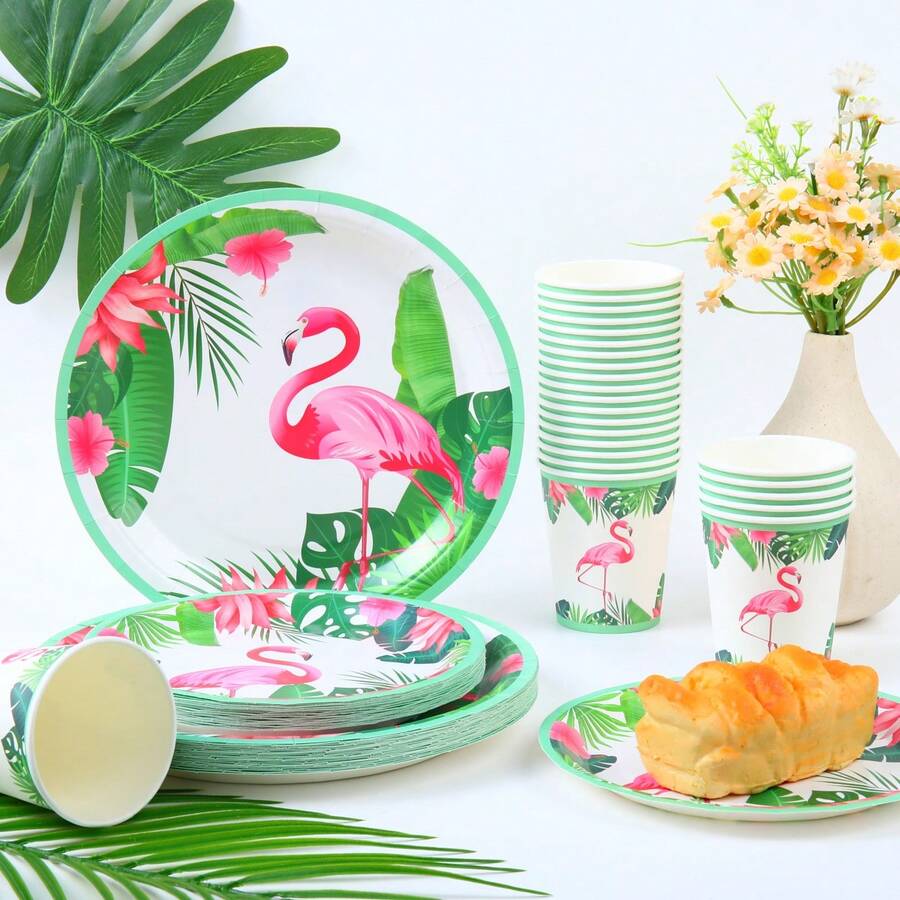 火烈鸟一次性餐具套装，7/9英寸派对餐盘，一次性纸盘和纸杯，适用于节日、婚礼、订婚、生日、派对、庆祝活动 - 彩色 - 查看 1