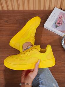 橙色女士休闲鞋，时尚厚底，粗跟，百搭鞋带 - 黃色 - 查看 7