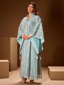 Women's Solid Color Embroidered Leaf Embroidered Elegant Dress With Oversized Cuffs, Random Embroidery,Modest - Mint Green - View 5