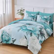 7 Piece Aqua Blue Floral Comforter Set Full/Queen/King Size Bed In A Bag,Flowers Printed On Light Comforter Set With Sheets, Soft Microfiber Botanical Bedding Set For Wedding Items,Home Bed Room Decor,All Season Bedroom Decor - 水藍色 1116 - 查看 4