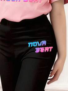 Young Girl Casual Daily Commute Fashion Street K-Pop Girl Group Ombre Letter Print Short Sleeve T-Shirt And Flare Pants Set, Spring/Summer/Autumn - Pink - View 4