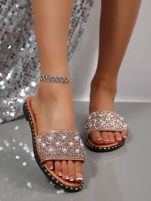 Women's Fashion Slide Sandals, 2026 New European & American Style French Korean Casual Versatile Slippers, Flat Pearl Rhinestone Fairy Vacation Beach Shoes - Orange - View 3