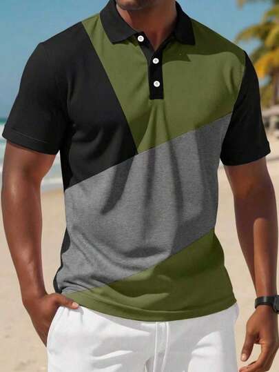 1pc New Men's Casual Patchwork Contrast Color Button Polo Shirt, Versatile
