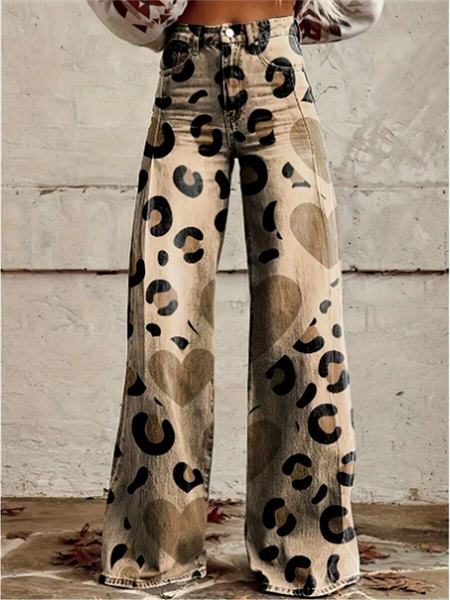 Women'S 3D Printed Wide-Leg Trousers - Imitation Denim Jeans With Leopard Print, Oversized Comfort Fit, Non-Stretch Fabric, Spring/Fall Casual To Semi-Formal Wear, Large Size (European & American Style) - Easy Care & Durable Everyday Pants - 彩色 - 查看 1