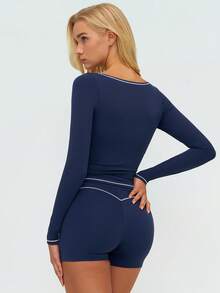 MASKERT 女士运动套装、健身套装、长袖短裤、跑步套装、高弹力健身瑜伽套装、休闲家居服、舒适亲肤、百搭 - 藏蓝色 - 查看 2