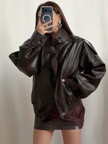 Women's Black PU Leather Jacket, Long Sleeve Zip-Up Bomber Jacket, Autumn/Winter Outerwear, Street Style - Chocolate Brown - View 5