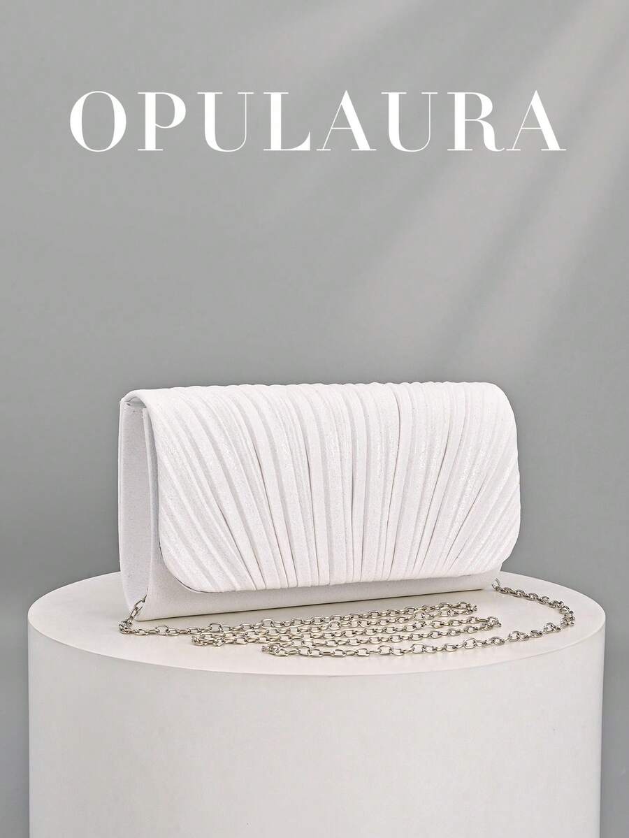 白色亮面金属翻盖手拿包，奢华高端真皮晚宴包，优雅闪亮正式手拿包，适合晚宴、派对、婚礼、生日等场合 - 可搭配正装，亦可作为礼物或新娘配饰 - 白色 - 查看 1