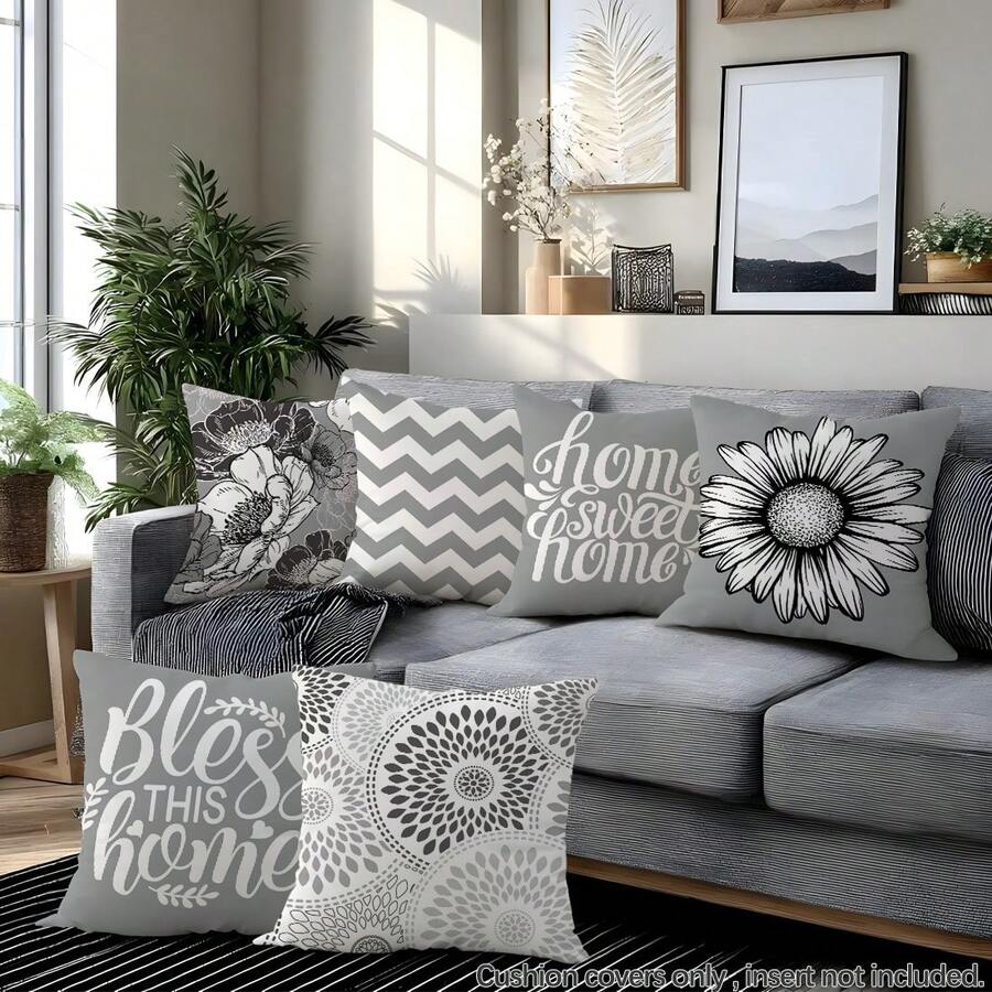 MEMNUN 6件套现代简约灰色几何雏菊印花抱枕套（不含枕芯），尺寸：17.7*17.7英寸（45*45厘米）/19.69*19.69英寸（50*50厘米）/15.75*15.75英寸（40*40厘米），[单面印花] 印有“家，甜蜜的家”和“祝福这个家”等励志语录，现代家居装饰涤纶抱枕套，适用于沙发、床、客厅、卧室、汽车、办公室、酒店等场所，四季皆宜，是馈赠亲朋好友的完美礼物。