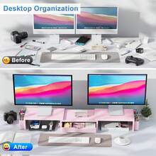 Soporte para monitor doble, organizador de computadora con cajón y 2 soportes para bolígrafos, rosa - Azul - Ver 4