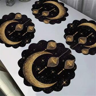 2/4/6-Piece Set Of Simple And Elegant Ramadan Themed Placemats, Designed With Golden Moon And Lantern Patterns -15.0-Inch Table Mats Decorated With Stars. Suitable For Gathering, Dining, And Holiday Decoration. Suitable For Home Decoration, Holiday Table Decoration, Rural Holiday Decoration, Rural Style, Washable Mats, Durable Materials, Holiday Table Decoration, And Home Entertainment.
