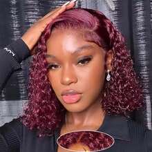 ZHENDEFA 99J Wine Red Bobo Wig, Human Hair, 13x4 High Definition Transparent Lace Front Wig, Pre-Plucked Short Bobo Wig, No Glue Wavy Wig, Women's Human Hair - S99J - View 3
