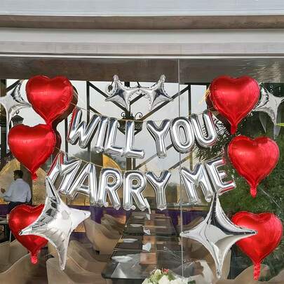 26pcs "Marry Me" Balloon Set, Includes Red Heart Foil Balloons, "MARRY ME" Letter Balloons, Silver Star Foil Balloons, For Wedding, Party, Valentine's Day, Home Decor, Christmas, Proposal Party, Backdrop Decor, Bridal Shower, Anniversary, Confession