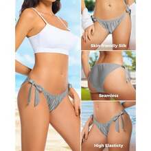 Women Silk Panties Lightweight Briefs Smooth Breathable Satin Bikini,Sexyys Tie-Side Underwear Daily Fit Comfort,Silver - 銀色 - 查看 3