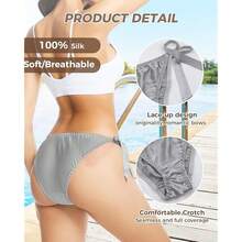 Women Silk Panties Lightweight Briefs Smooth Breathable Satin Bikini,Sexyys Tie-Side Underwear Daily Fit Comfort,Silver - 銀色 - 查看 5