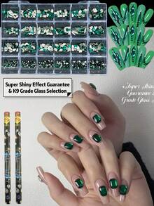 KIRAME 24-Grid DIY Manicure K9 Glass Deep Green Flat Bottom Rhinestone Set - 20pcs High Gloss Rhinestones Per Style, Includes 2 Dotting Tools, Nail Gems, Suitable For Nail Salons, Home Manicure, Nail Art Supplies, Christmas, New Year, Valentine's Day Nails, Holiday Gifts, Also For Crafts, Clothing, Textiles, Shoes, Glassware, Jewelry Making - Multi-Size Shiny Decorations - 綠色 - 查看 2