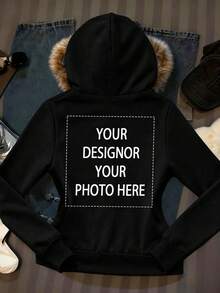 Women's Fashion Custom Patterned Print, Customizable Text, Personalized Back With Custom Photo/Design, Women's Fashion Leopard Print Fur Collar Zip-Up Hooded Jacket With Thermal Lined, Autumn And Winter Fashion Hooded Jacket, Wild And Versatile Fashion, Soft And Skin-Friendly And Cool Street Style Autumn And Winter Warm Coat. - Black - View 1