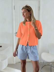 Spring/Summer Women's Fashion French Soft Wax Texture High-End Loose Knit Cardigan, Women's Cropped Relaxed Sweater Top - Coral Orange - View 3